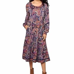 Canyon River Navy Blue Paisley Knit  Print Long Sleeve Midi  Dress 1X